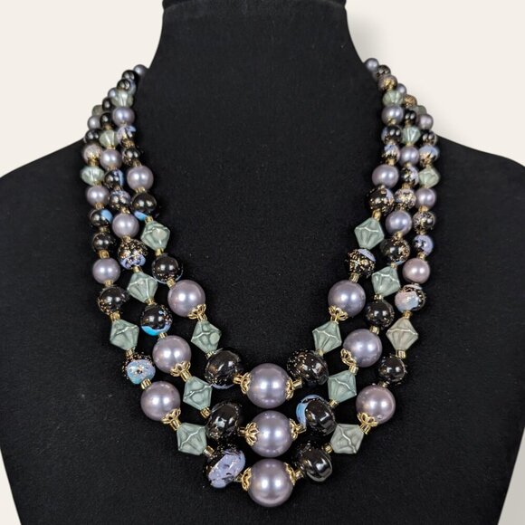 V. 3-Strand MCM Beaded Statement Necklace - Picture 1 of 6